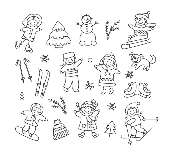 Bambini che giocano sulla neve, slittino, sci, pattinaggio, snowboard e set doodle oggetti invernali. — Vettoriale Stock