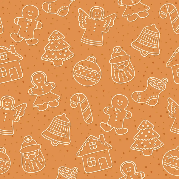 圣诞节吃姜饼饼干.无缝隙图案，有姜饼屋，人，天使，铃铛圣诞树. — 图库矢量图片