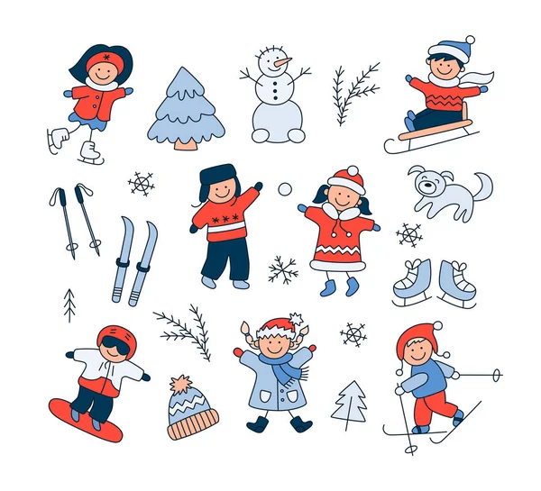 Bambini che giocano sulla neve, slittino, sci, pattinaggio, snowboard e set doodle oggetti invernali. — Vettoriale Stock