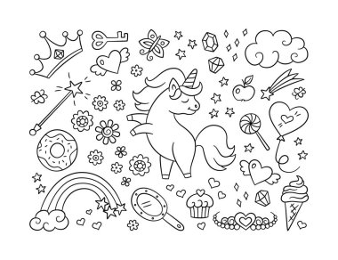 Şirin tek boynuzlu at ve sihirli nesneler. Kayan yıldız, gökkuşağı, taç ve sihirli değnek.