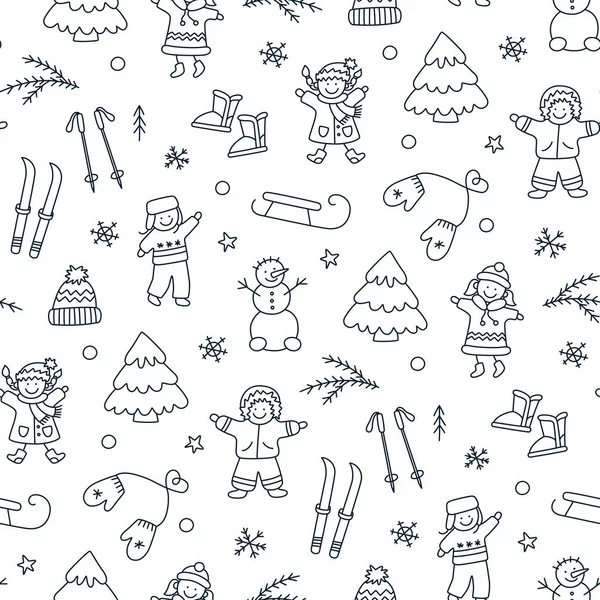 Patrón sin costuras de invierno con niños jugando. Niños, muñeco de nieve, trineo, esquí en estilo doodle. — Archivo Imágenes Vectoriales