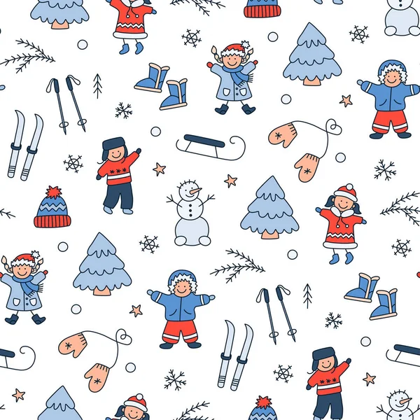 Modello senza soluzione di continuità con i bambini che giocano in inverno. Bambini, pupazzo di neve, slittino, sci in stile doodle. — Vettoriale Stock