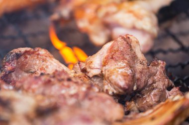 Barbekü domuz kaburga parlak alev ile kömür ızgarada kavurma kapatın 