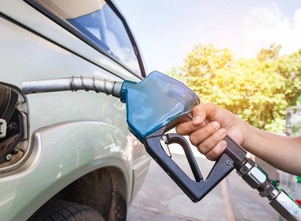 Hand Hold Fuel Nozzle Refueling Gas Pump Car Service Station — Stock Photo, Image