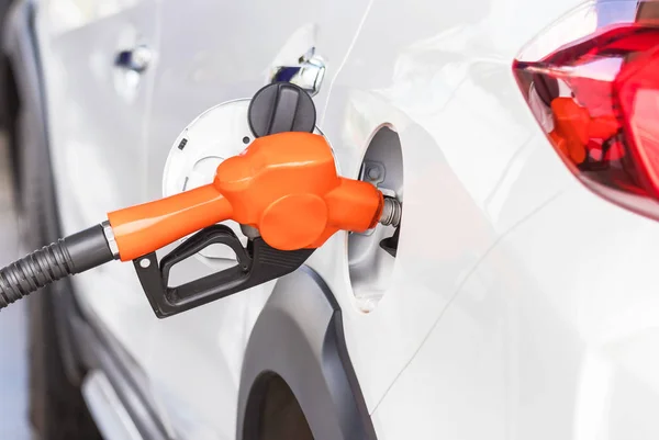 Orange Fuel Nozzle Refueling Gas Pump Car Gas Service Station — Stock Photo, Image