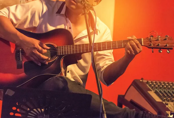 Musicien Jouant Guitare Acoustique Sur Scène Groupe Musique Dans Nuit — Photo