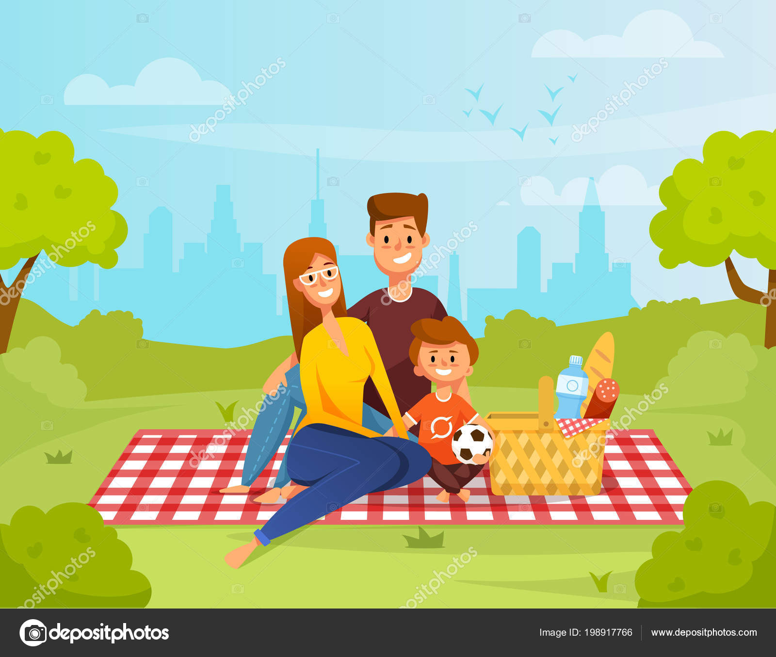 Счастливая Семья Отдыхает На Пикнике. Мама, Папа И Сын В Парке.