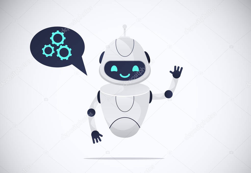Smiling chatbot helping solve a problems. robot shaking hand. greeting moves. vector illustration. isolated on white background.