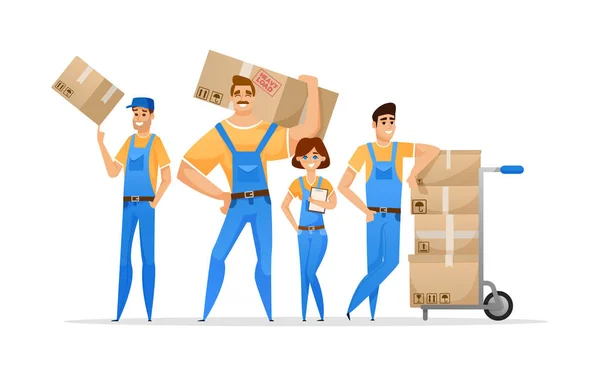 Cargadores de dibujos animados equipo de mudanzas con cajas de cartón — Vector de stock