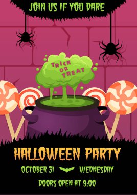 Mutlu Cadılar Bayramı daveti poster cadı kazanı ile 