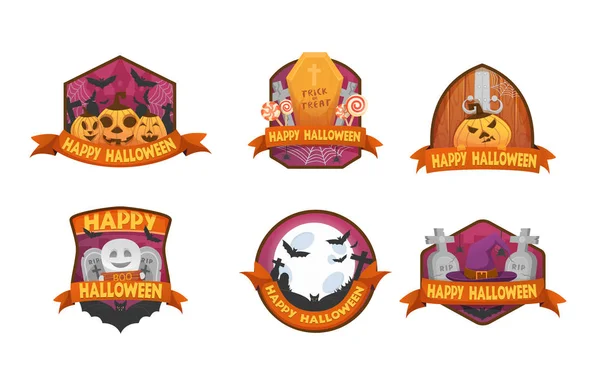 Ensemble de dessins animés de style Happy Halloween étiquettes — Image vectorielle