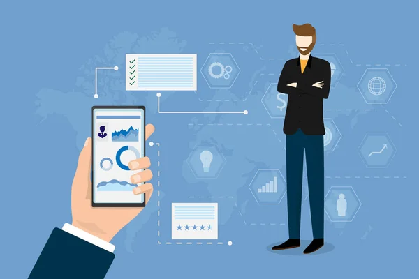 Finansal iş adamları performans kavramı. Akıllı çalışan ayakta ve mavi arka plan üzerinde simgesi. Dev el ekranda büyük veri grafiği ile akıllı telefon tutuyor. Düz tarzda vektör çizimi.
