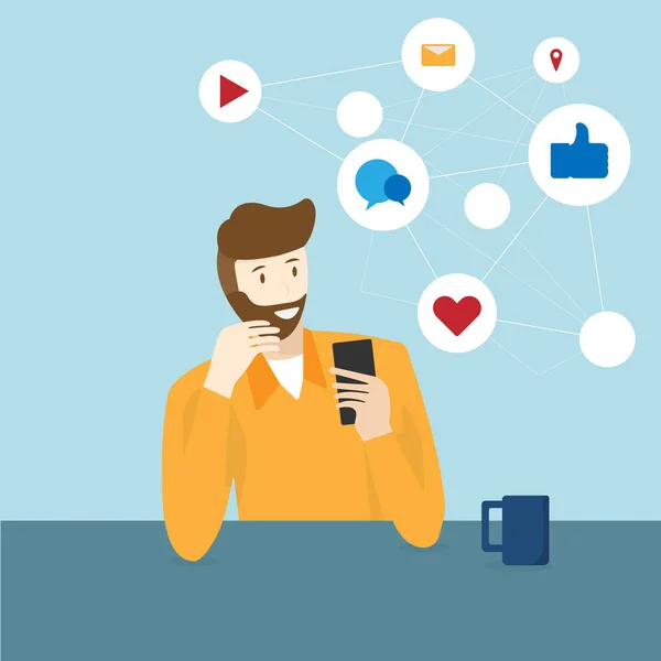 Homme Barbu Assis Table Voir Smartphone Avec Icône Médias Sociaux — Image vectorielle