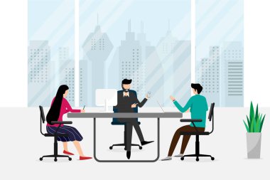 Analiz departmanında çalışan bir grup insan finansal pazarlama işçisi, strateji işiyle görüşüyor ve görüşüyor. Pencereüzerinde şehir manzaralı toplantı odasının iç. Düz tarzda vektör çizimi.