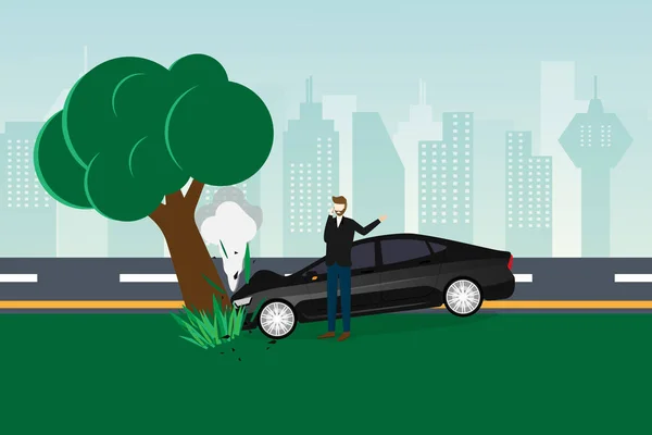 Man drive a car or vehicle crash the tree with road side. He is calling to insurance company to ask for help accident. Vector illustration flat style. Website, template, banner, landing page design. — Stock Illustration Man Drive Car Vehicle Crash Tree Road Side Calling Insurance Vector Graphics