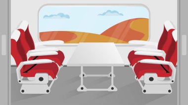 Trendeki yolcu pencereden dağ manzarasına bakıyor. Düz biçimli vektör illüstrasyonu.