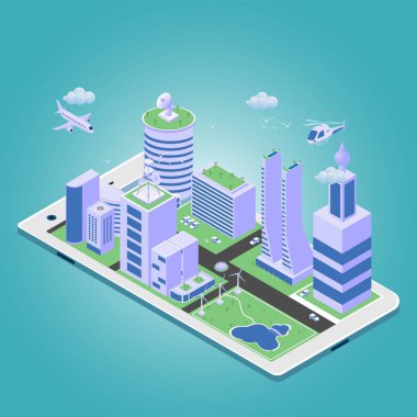 Yeşil çevre elektrik enerjisi ile Isome akıllı şehir. Modern binalar ve akıllı telefonlara park etmek. Vektör illüstrasyon tasarımı.