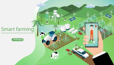 Modern agriculture technology. Smart farming concept. Hand holding smartphone, Human with wireless remote control. Artificial intelligence working on farm. Vector illustration in isometric design.