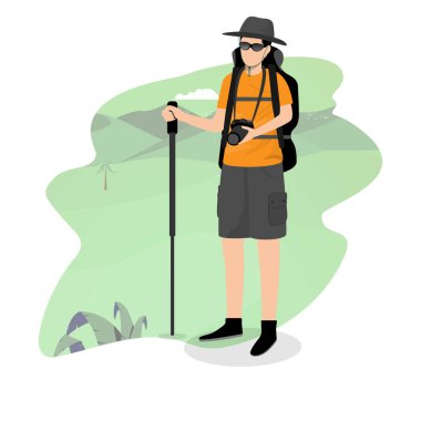 Dağda duran insan ya da kâşif. Sırt çantası ve seyahat konsepti. Düz tasarımda vektör illüstrasyonu.