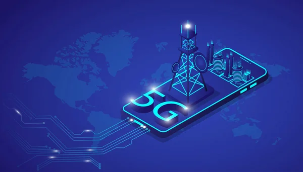 Isome akıllı şehir ve 5G teknoloji ağına sahip dev akıllı telefon. Vektör illüstrasyon tasarımı.