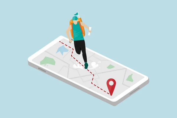 Hızlı çalışma ve online ulaşım konsepti. Adam akıllı telefondaki GPS haritasıyla yolda koşuyor. Müşteri siparişine ürün kutusu göndermek için. Modern dairede vektör illüstrasyonu