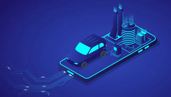 Elektrikli Isome arabası ya da akıllı telefondan şehirli Ev modern aracı. Gelecekteki enerji ve yenilikçi ulaşım kavramı. Vektör illüstrasyon web sitesi şablonu ve iniş sayfası tasarımı.