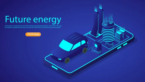 Elektrikli Isome arabası ya da akıllı telefondan şehirli Ev modern aracı. Gelecekteki enerji ve yenilikçi ulaşım kavramı. Vektör illüstrasyon web sitesi şablonu ve iniş sayfası tasarımı.
