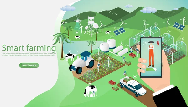 Tecnología Agrícola Moderna Concepto Agricultura Inteligente Mano Celebración Teléfono Inteligente — Vector de stock