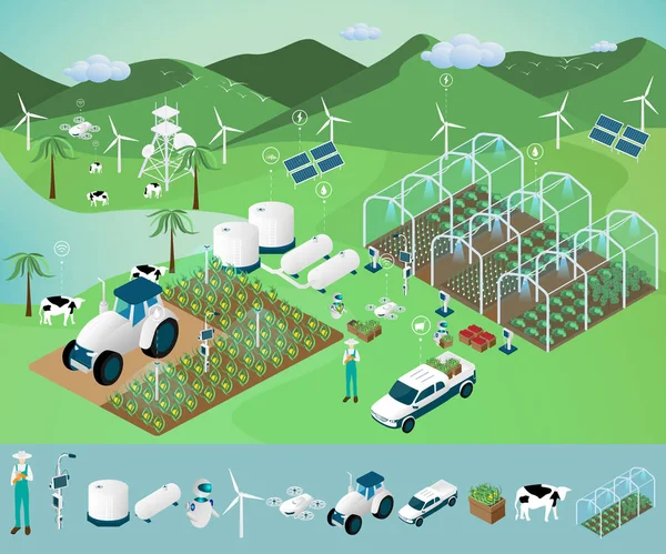 Modern agriculture technology. Smart farming concept. Hand holding smartphone, Human with wireless remote control. Artificial intelligence working on farm. Vector illustration in isometric design.