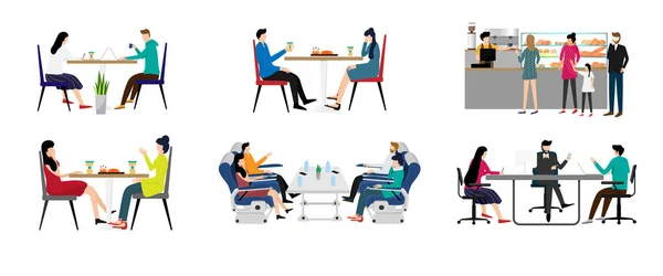 Kafe dükkanında çalışan bir grup insan. Kadın ve erkek kahve içerek ya da çay içerek birlikte sohbet ederek, iş görüşmelerini arka planda yapayalnız yapıyorlar. Düz moda biçiminde vektör illüstrasyonu.