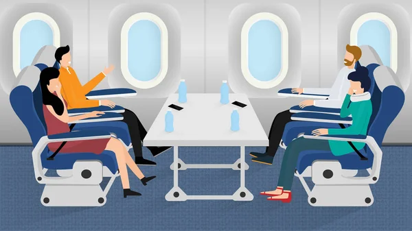 People passenger sitting on chair in air plane. Happy man and women are laugh together in talking travel journey. Vector illustration in flat style.
