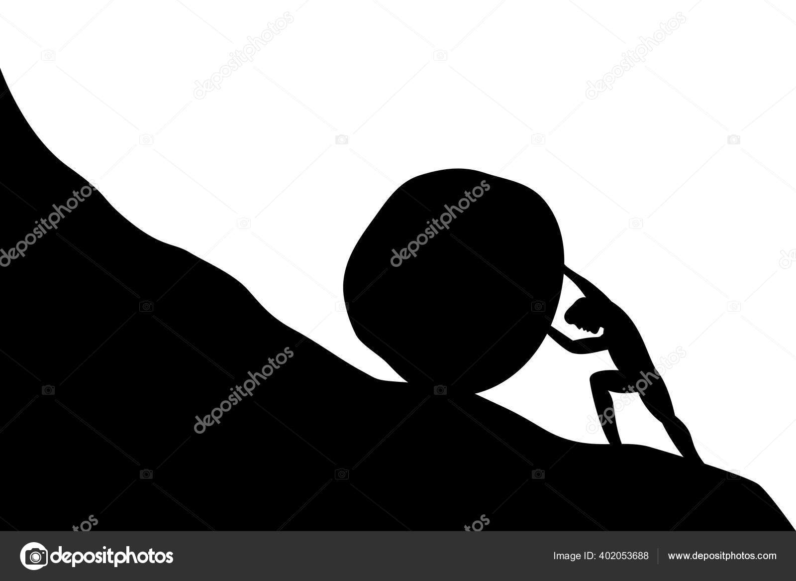 Siluet Manusia Mendorong Batu Sampai Puncak Bukit Bekerja Keras Dan Stok Vektor C Rewat 402053688