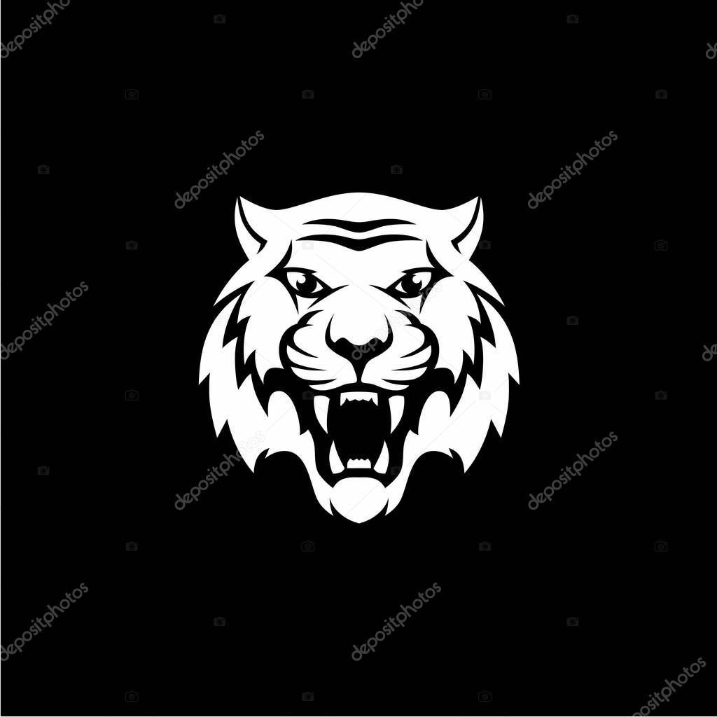 White intimidating tiger company logo on black background, vector, illustration