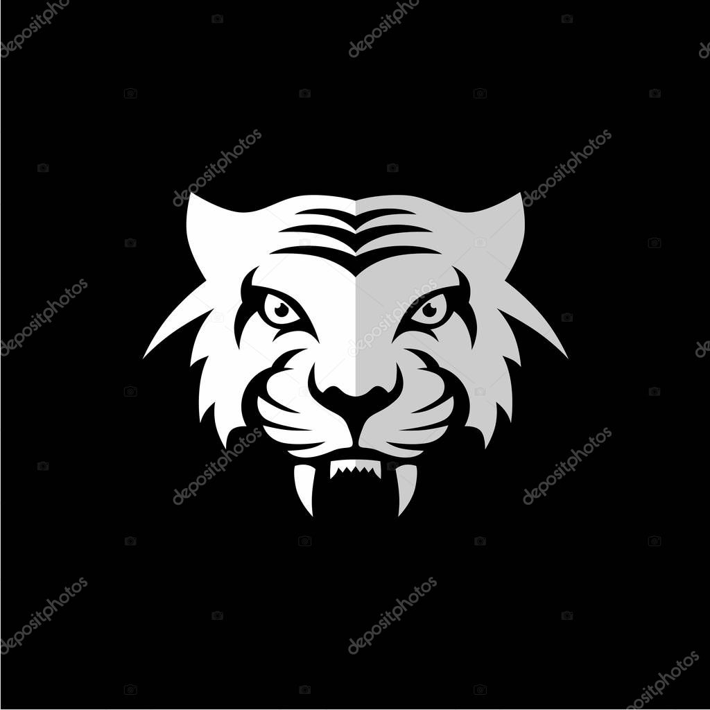 White intimidating tiger company logo on black background, vector, illustration