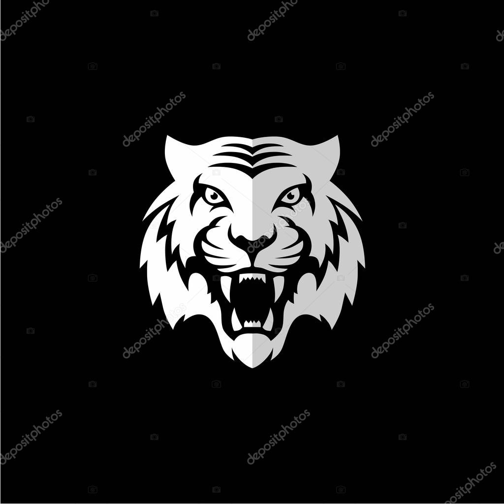 White intimidating tiger company logo on black background, vector, illustration