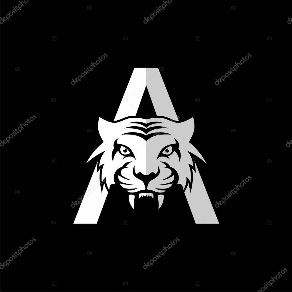 Tiger with letter A company logo on black background, vector, illustration