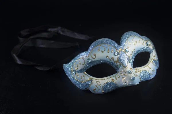 White Blue Glitter Masquerade Mask Party Isolated Black — Stock Photo, Image