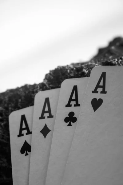 Τέσσερα Από Ένα Είδος Άσος Πόκερ Κάρτα Gamble Παραλία Θέμα — Φωτογραφία Αρχείου