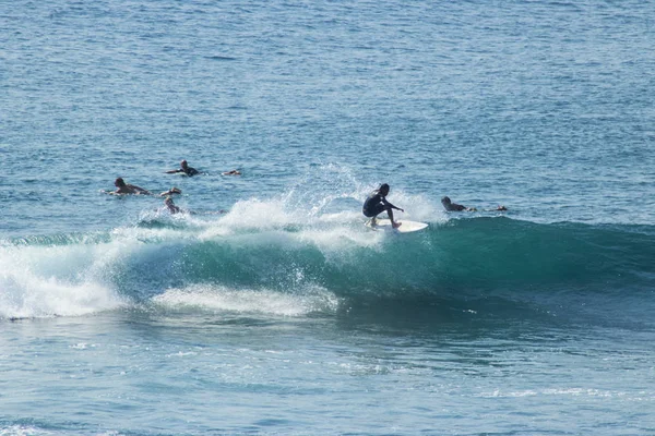 Hoge Hoekmening Van Mannelijke Surfers Oceaan Rijden Overdag — Stockfoto