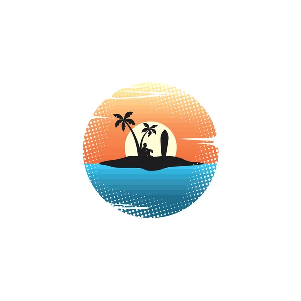 Vector Ilustración Del Hombre Con Tabla Surf Sentado Isla Tropical — Vector de stock