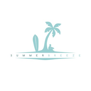 sörf tahtası tropic ada, yaz tatil kavramı oturan adamla vektör çizim 