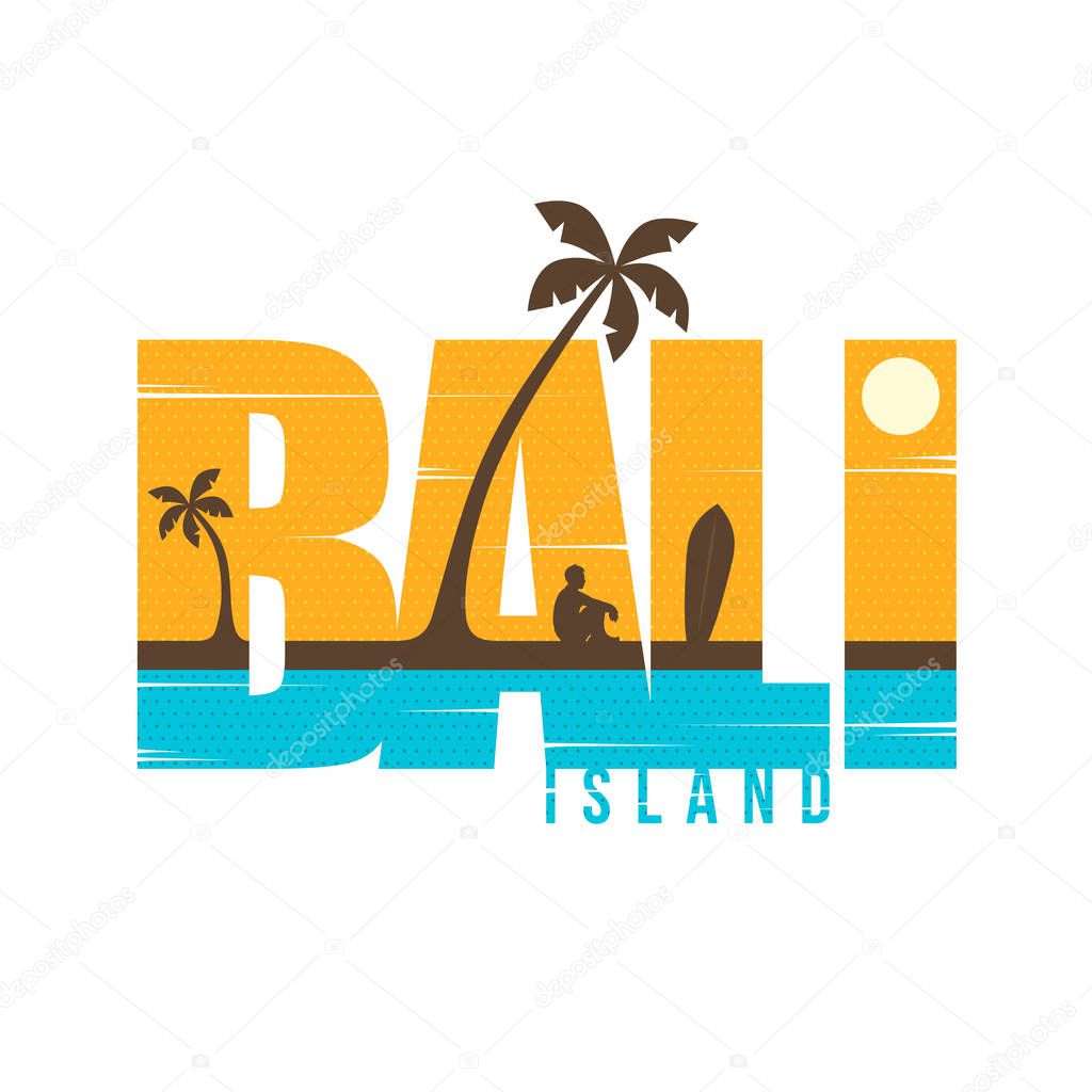 vector illustration of tropic island and lettering bali, summer vacation concept 