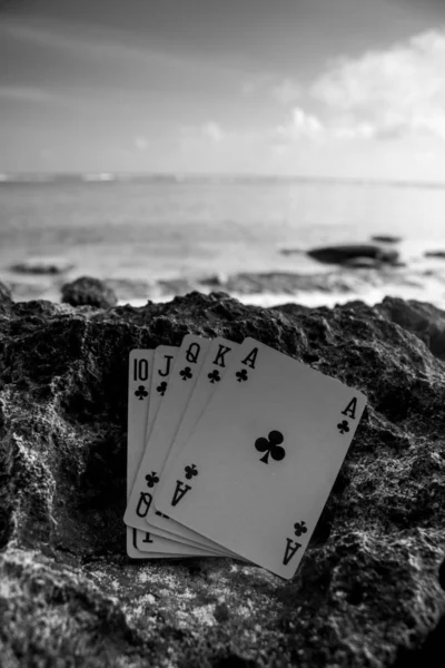 Club Royal Flush Póker Kártya Fekete Fehér Téma — Stock Fotó