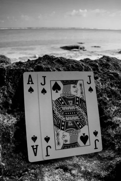 Negro Jack Poker Tarjeta Gamble Playa Tema Blanco Negro —  Fotos de Stock