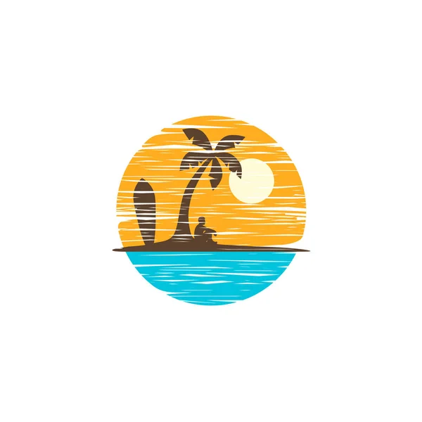 Silhouette Homme Assis Sur Plage Sous Paume Illustration Vectorielle — Image vectorielle