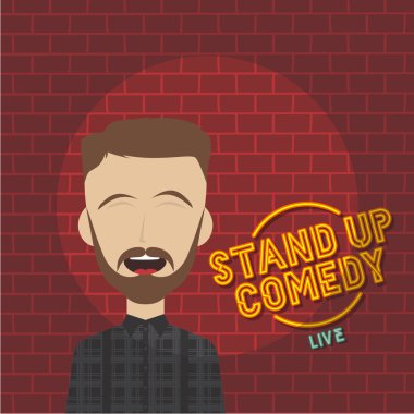 tuğla duvara performans sırasında damalı gömlek giyen komedyen karakter stand up
