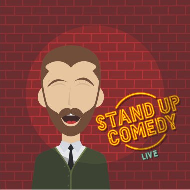 tuğla duvara göre gerçekleştirmek sırasında kravat ile hırka ve gömlek giyen komedyen karakter stand up