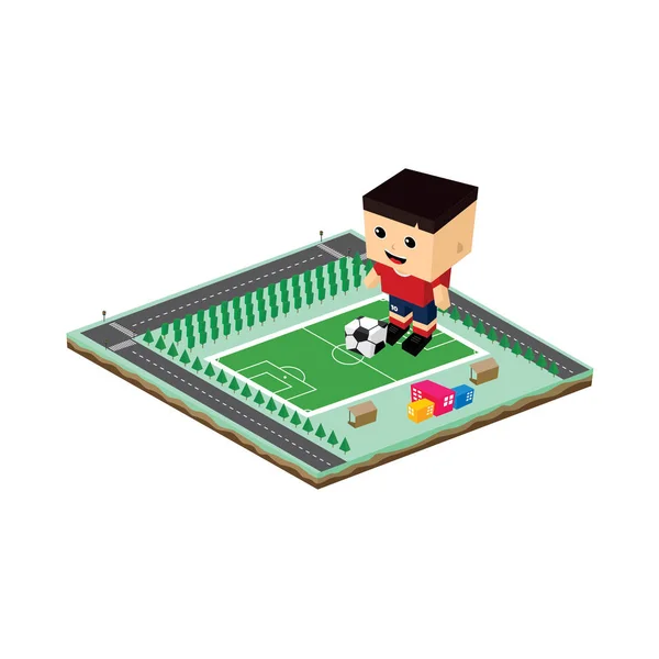 Illustration Personnage Dessin Animé Cube Avec Ballon Sur Terrain Football — Image vectorielle