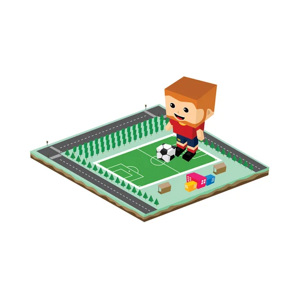 Ilustração Cubo Personagem Desenho Animado Com Bola Campo Futebol — Vetor de Stock