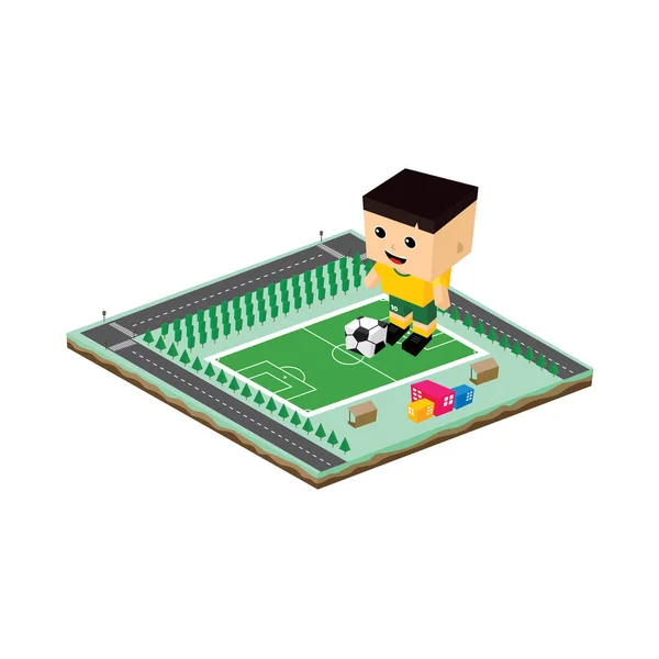 Ilustração Cubo Personagem Desenho Animado Com Bola Campo Futebol — Vetor de Stock